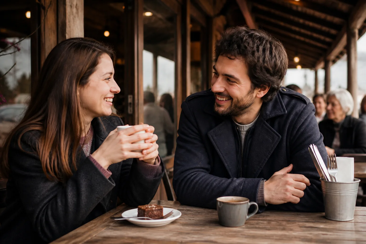 Two people talking over coffee beside the River Thames in Berkshire