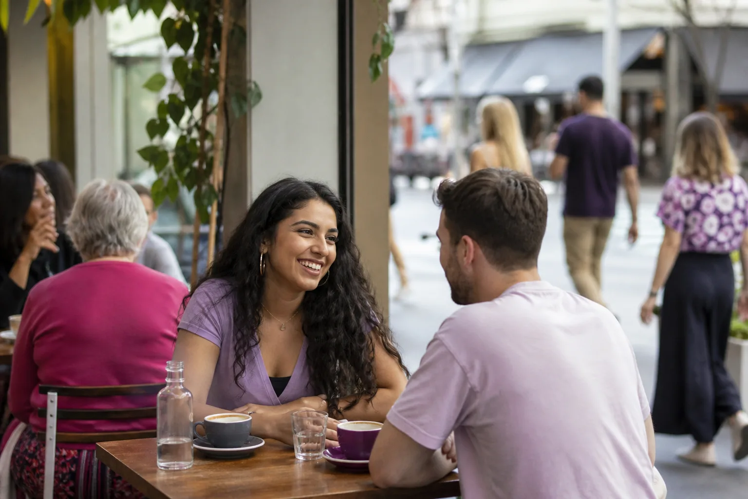 Two people talking over coffee in Reading town centre