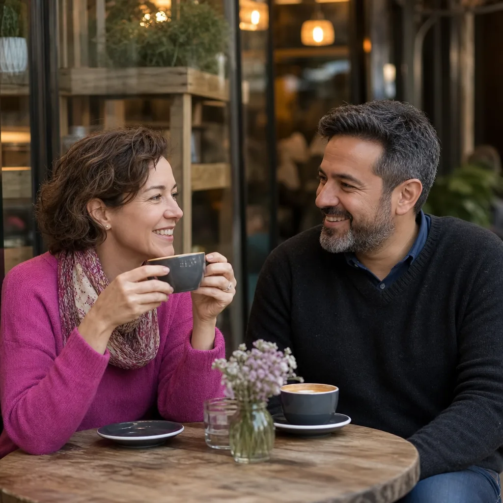 A couple having a relaxed conversation at a Berkshire café