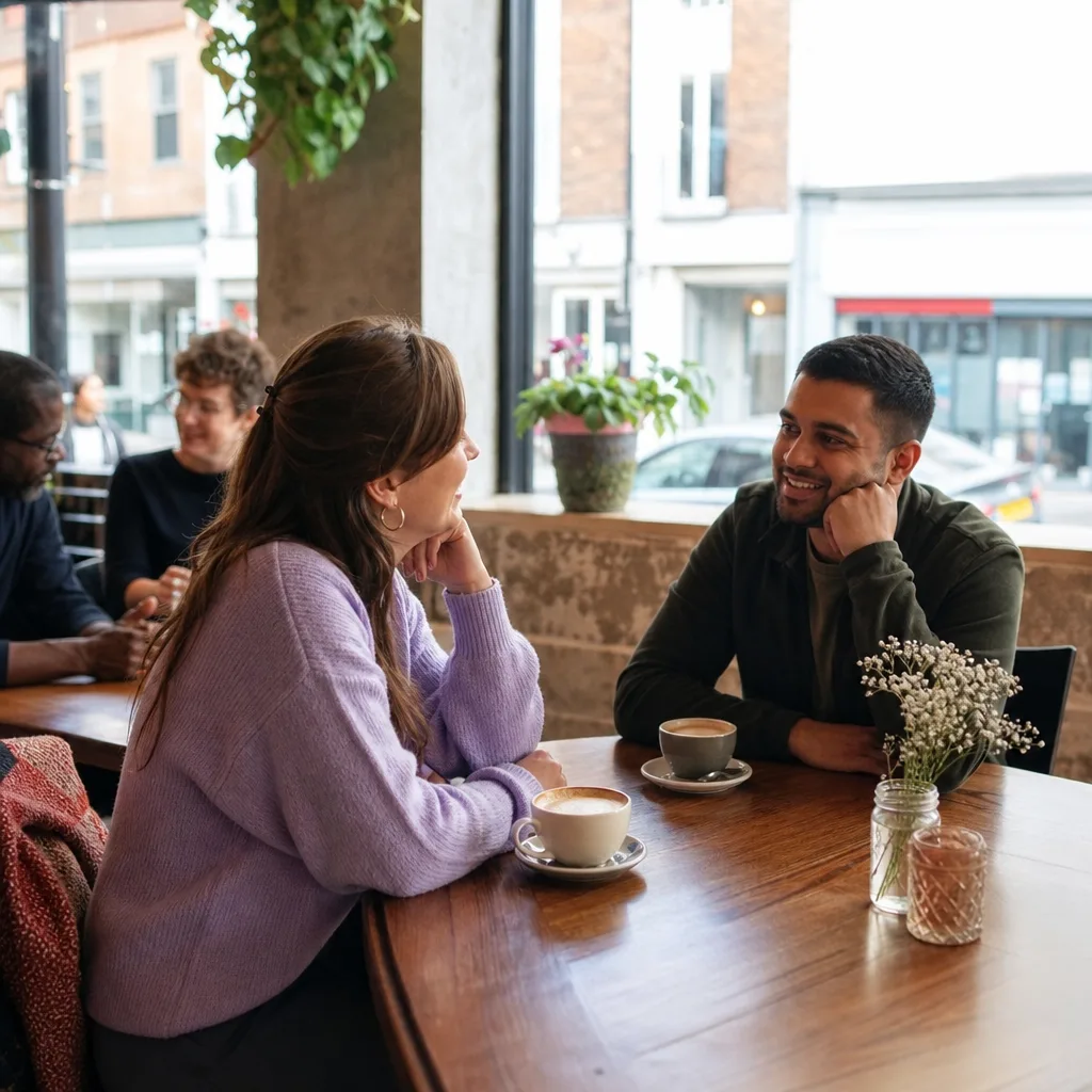 Coffee and cake on a table at an independent cafe in Reading