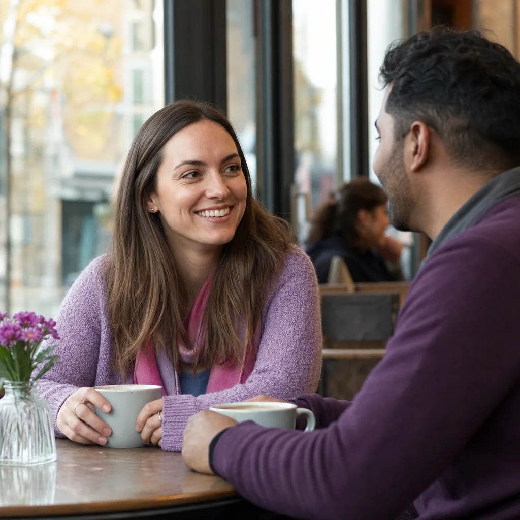 Two adults meeting in a busy public square in Windsor
