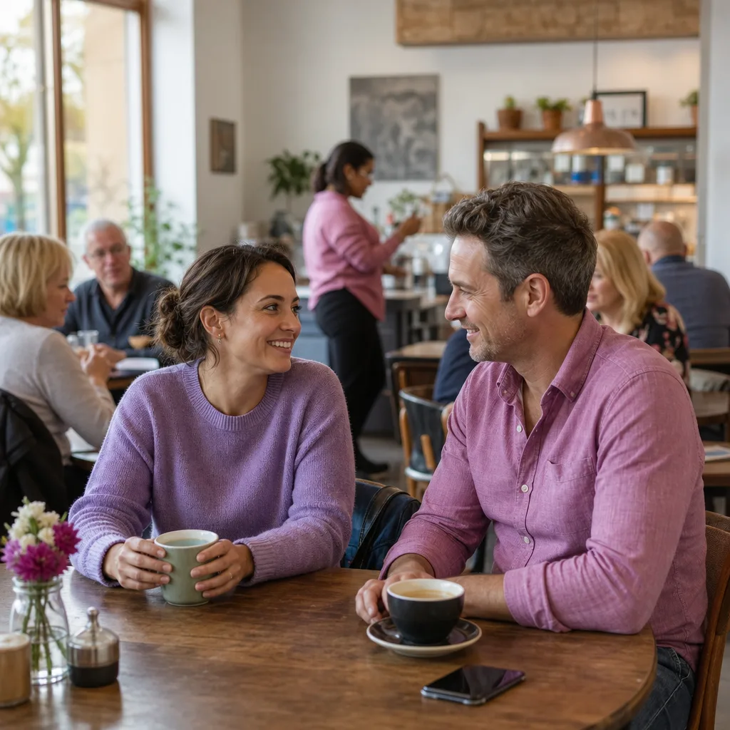 Two people meeting at a bright public café in Windsor